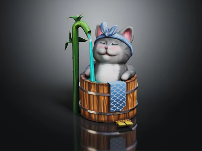 Cute Gray Cat Taking Bath In Wooden Barrel With Blue Headscarf Bamboo And Yellow Leaf 3d model