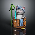Cute Gray Cat Taking Bath In Wooden Barrel With Blue Headscarf Bamboo And Yellow Leaf