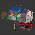 Blue And White Two Story Container Building With Red Excavator And Yellow Pipes