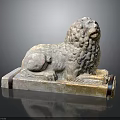 Reclining Ancient Stone Lion Statue With Detailed Curly Mane And Carved Pedestal