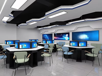 Modern School Computer Classroom Equipped With Multiple Computers Large Screens And Ergonomic Chairs 3d model