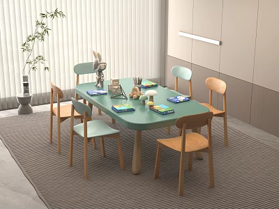 Green Children's Table With Six Chairs Stationery Blinds And Green Plant In Modern Interior 3d model