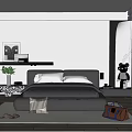 Modern Minimalist Bedroom Interior With Black Bed White Walls And Glass Wardrobe