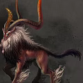 Mythical Creature With Long Curved Horns Shaggy Fur And Brown White Body