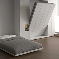 Modern Bedroom Interior With Foldable White Bed Frame Gray Bedding Wooden Floor And Window Blinds