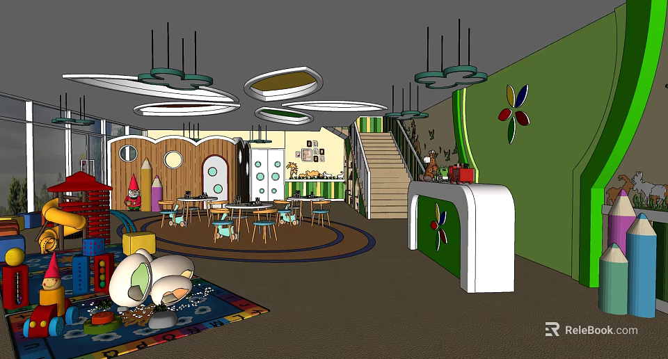 Kindergarten Interior Featuring Colorful Decorations Green Walls Round Tables Chairs And Staircase 3d model 