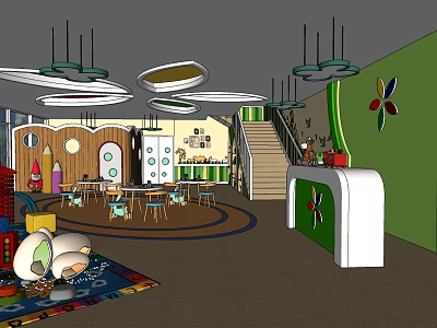Kindergarten Interior Featuring Colorful Decorations Green Walls Round Tables Chairs And Staircase 3d model