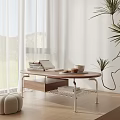 Modern Coffee Table Interior Design With Wooden Top Metal Frame Books Mug Plant And Pouf