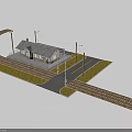 Small Train Station Scene With Curved Railway Tracks Platform And Street Lamps