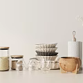 Stylish Kitchen Utensils Including Glass Jars Stacked Bowls Cups Wooden Bowl And Towel Holder