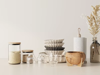 Stylish Kitchen Utensils Including Glass Jars Stacked Bowls Cups Wooden Bowl And Towel Holder 3d model