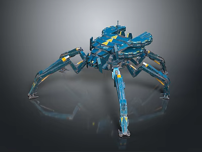 Blue Mechanical Spider Creature With Yellow Details And Sci Fi Design Structure 3d model