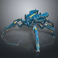 Blue Mechanical Spider Creature With Yellow Details And Sci Fi Design Structure