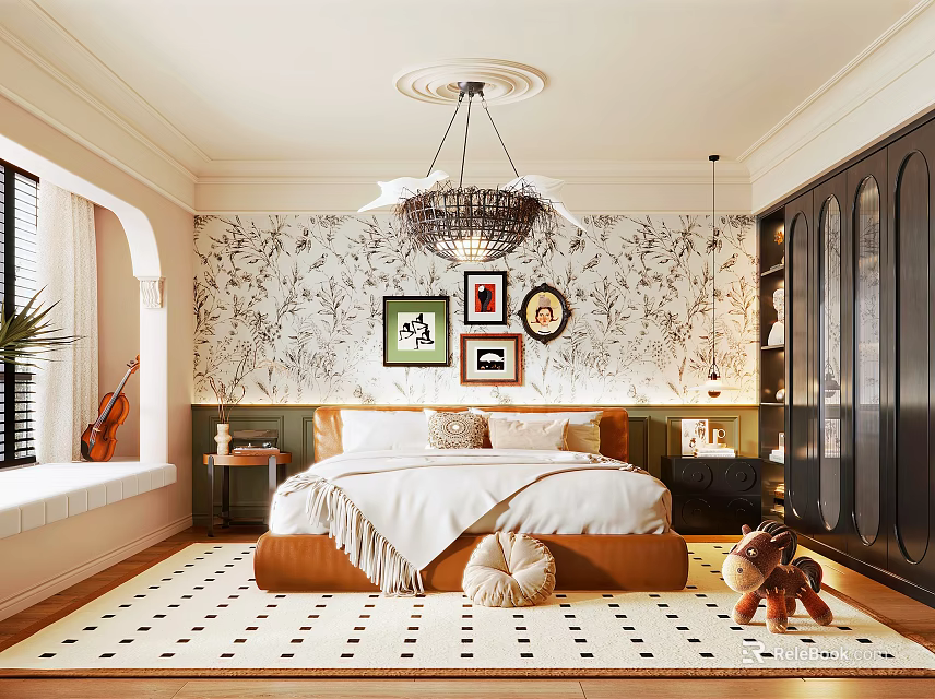 Cozy Bedroom Interior With Floral Wallpaper Chandelier Bed Framed Pictures Rug And Dark Wardrobe 3d model 