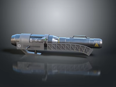 Tactical Military Gray Metallic Rocket Launcher With Cylindrical Body Support Bracket And Warning Markings 3d model