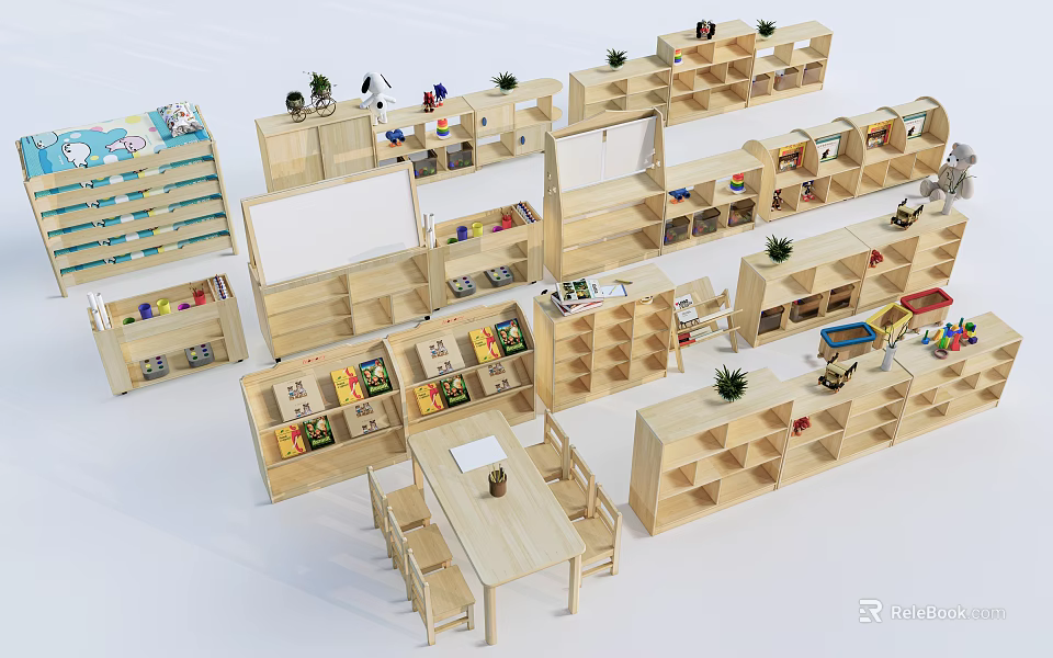 Wooden Display Shelves For Kids Area With Toys Books Small Plants And Tables Chairs 3d model 