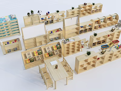 Wooden Display Shelves For Kids Area With Toys Books Small Plants And Tables Chairs 3d model