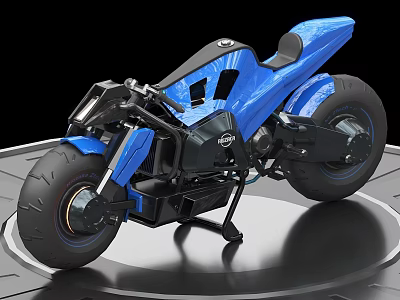 Futuristic Blue Motorcycle With Sleek Design On Circular Platform Black Background 3d model