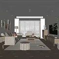 Modern Beige Living Room Interior Design With Wooden Furniture And Floor to Ceiling Windows