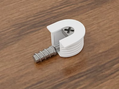 White Plastic Clamp With Metal Screw Placed On Wooden Table Surface 3d model