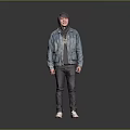 Man Wearing Hoodie And Denim Jacket With Dark Pants And White Shoes Against Gray Background