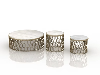 Three Piece Modern Coffee Table Set With White Marble Top And Gold Cutout Metal Base 3d model