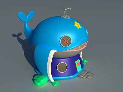 Blue Whale Shaped Play Equipment With Yellow Star Red Eyes Purple Window And Green Base 3d model