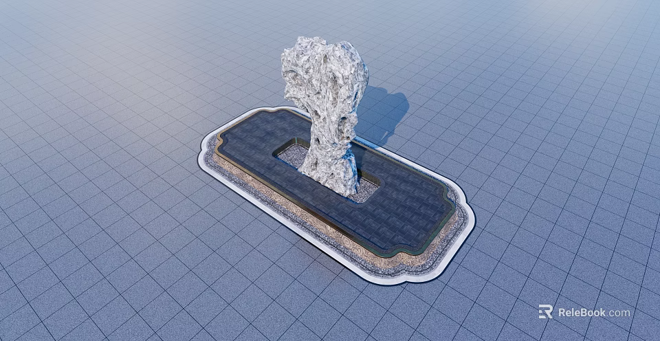 Water Fountain With Rock Structure On Rectangular Platform And Decorative Edge And Grid Floor 3d model 