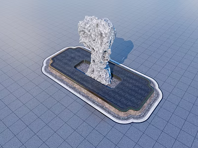 Water Fountain With Rock Structure On Rectangular Platform And Decorative Edge And Grid Floor 3d model