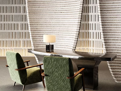 Modern Reception Desk Interior With Green Chairs Table Lamp And Striped Wall 3d model