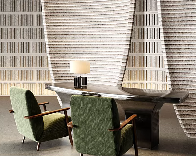 Modern Reception Desk Interior With Green Chairs Table Lamp And Striped Wall 3d model