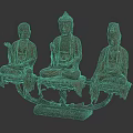 Intricate Carved Buddhist Sculpture With Three Seated Figures On Bronze Base