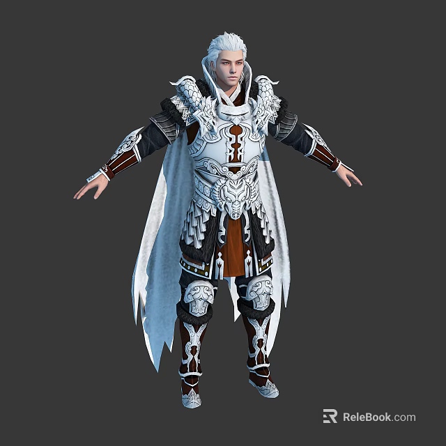 Fantasy Armored Character With Elaborate White Silver Armor And Decorative Cape Details 3d model 
