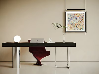 Stylish Home Office Desk With Black Tabletop Silver Legs Red Chair And Colorful Abstract Painting 3d model