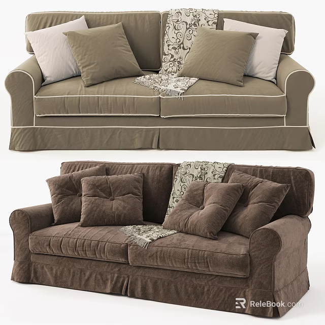 Plush Brown Two Seater Sofa With Multiple Soft Pillows And Cozy Throw Blanket 3d model