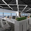 Modern Public Office Space Featuring Large Windows City View White Desks Computer Monitors Green Plants