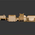 Golden Shiny Metal Parts With Various Shapes Displayed On Dark Background