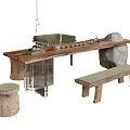 Natural Wooden Tea Table With Matching Bench Stool Stone Decor And Tea Set 3d model