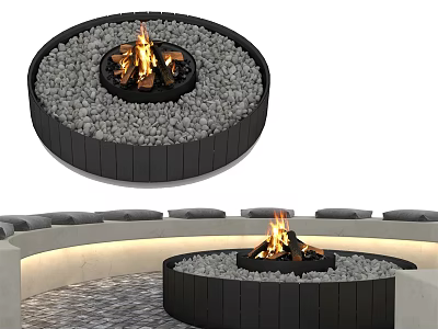 Outdoor Circular Fire Pit With Black Frame And Gray Pebbles For Garden Decor 3d model