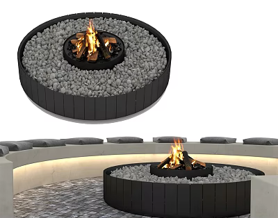 Outdoor Circular Fire Pit With Black Frame And Gray Pebbles For Garden Decor 3d model