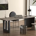 Modern Wooden Desk Interior With Laptop Table Lamp Chair And Side Stools