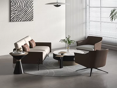 Modern Beige Sofa Round Coffee Table Set With Brown Accent Chairs Decorative Painting And Area Rug 3d model