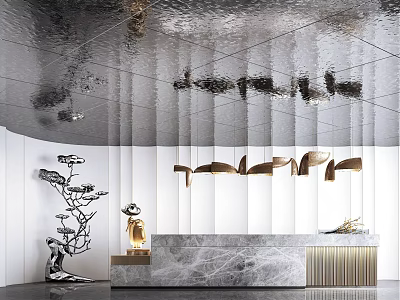 Modern Luxury Reception Desk With Marble Countertop Golden Pendant Lights And Silver Ceiling 3d model