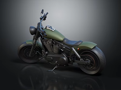 Dark Green Cruiser Motorcycle With Black Seat And Shiny Tires On Glossy Surface 3d model