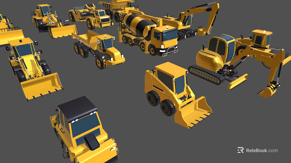 Various Types Of Yellow Construction Vehicles Including Bulldozers Mixers And Excavators 3d model 