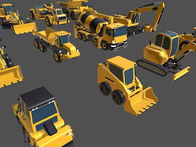 Various Types Of Yellow Construction Vehicles Including Bulldozers Mixers And Excavators 3d model