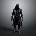 Man In Black Hooded Long Coat Standing Against Simple Gray Background