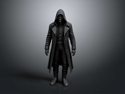 Man In Black Hooded Long Coat Standing Against Simple Gray Background 3d model