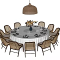 New Chinese-style Box Dining Table and Chair Tableware Large Dining Table and Chair Chandelier 3d model