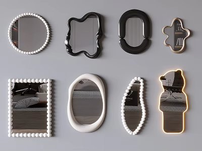 Stylish Decorative Mirrors In Various Shapes With Pearl Trim And Illuminated Frames 3d model